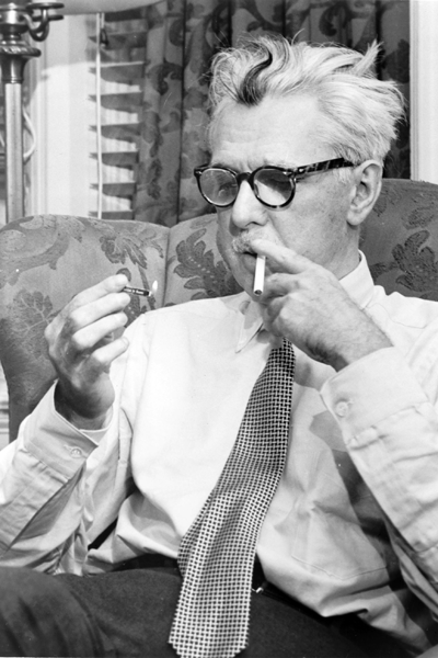 Picture of James Thurber. This photograph is a work for hire created prior to 1968 by a staff photographer at New York World-Telegram & Sun. It is part of a collection donated to the Library of Congress. Per the deed of gift, New York World-Telegram & Sun dedicated to the public all rights it held for the photographs in this collection upon its donation to the Library. Thus, there are no known restrictions on the usage of this photograph.